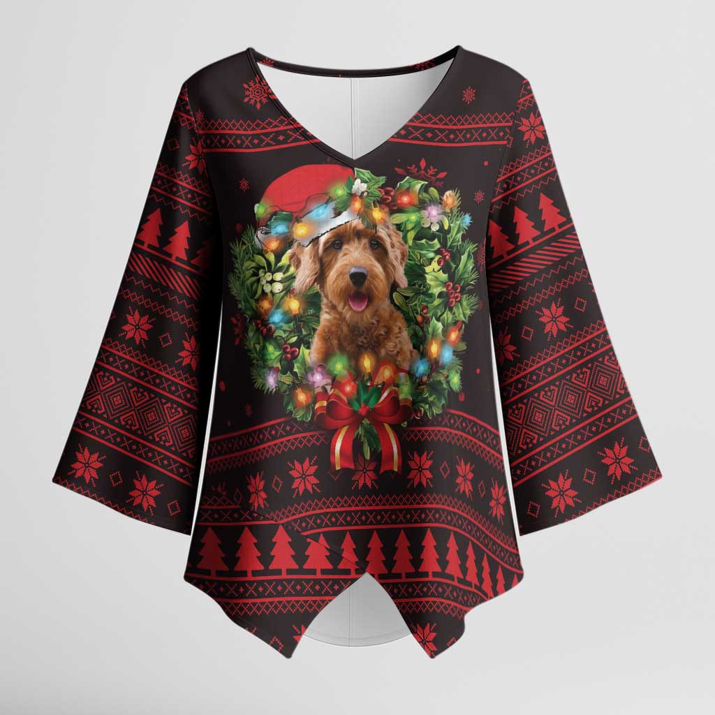 Wreath and Santa Dog in Red Kimono Sleeve Blouse with Black Holiday Pattern Design - Wonder Print Shop