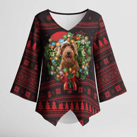 Wreath and Santa Dog in Red Kimono Sleeve Blouse with Black Holiday Pattern Design - Wonder Print Shop