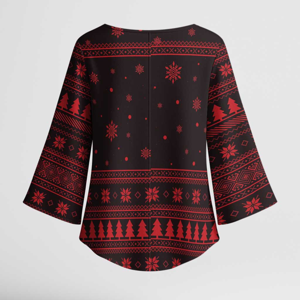 Wreath and Santa Dog in Red Kimono Sleeve Blouse with Black Holiday Pattern Design - Wonder Print Shop