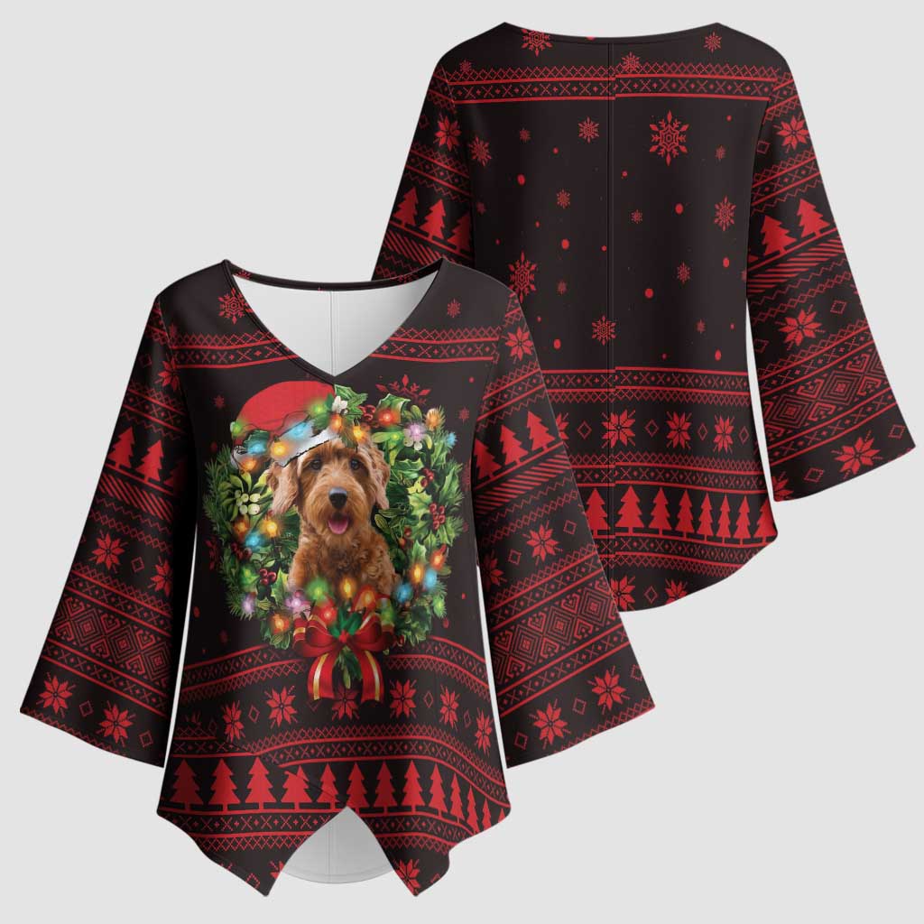 Wreath and Santa Dog in Red Kimono Sleeve Blouse with Black Holiday Pattern Design - Wonder Print Shop