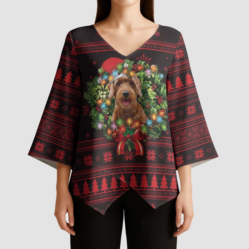 Wreath and Santa Dog in Red Kimono Sleeve Blouse with Black Holiday Pattern Design - Wonder Print Shop