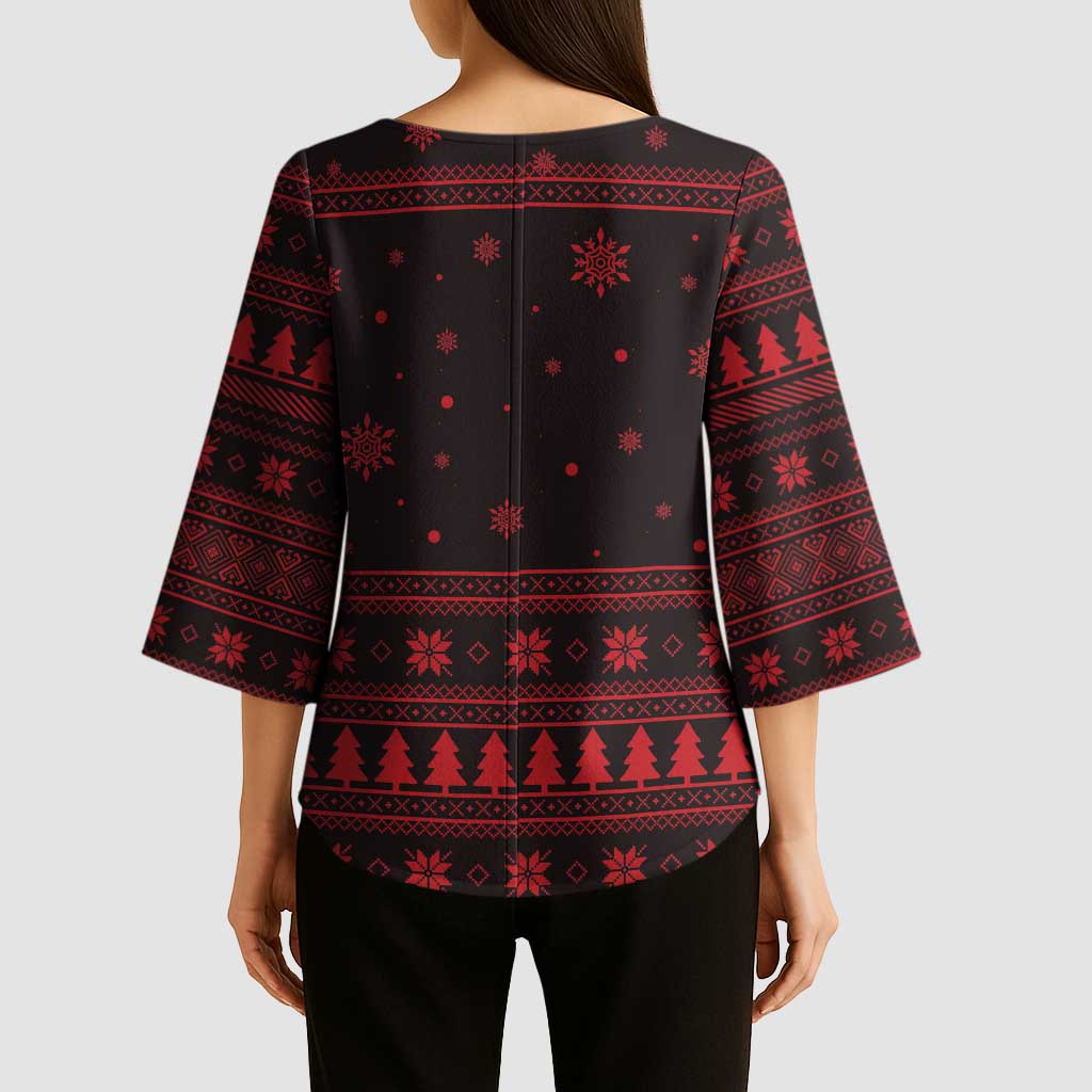 Wreath and Santa Dog in Red Kimono Sleeve Blouse with Black Holiday Pattern Design - Wonder Print Shop