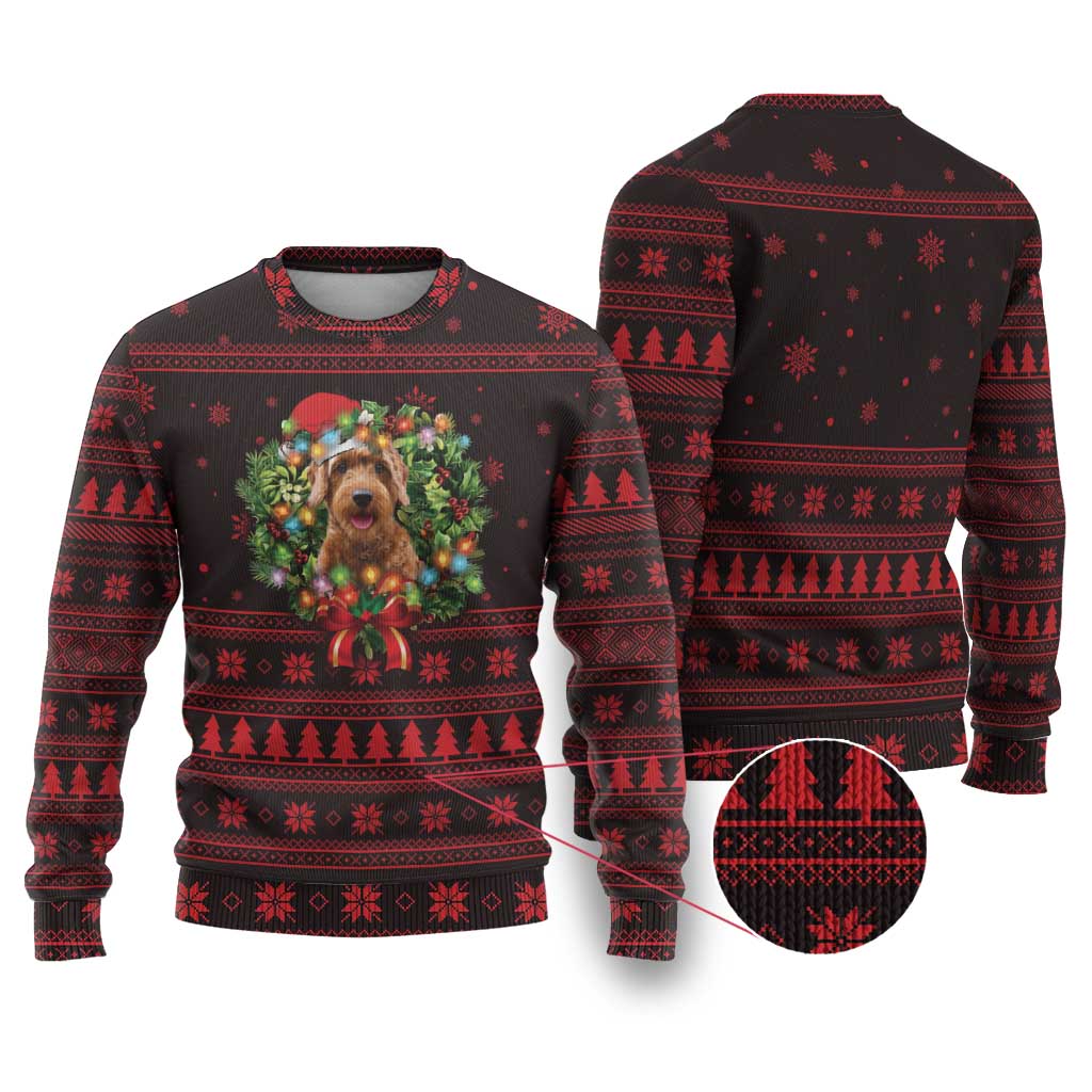 Wreath and Santa Dog in Red Ugly Christmas Sweater with Black Holiday Pattern Design - Wonder Print Shop