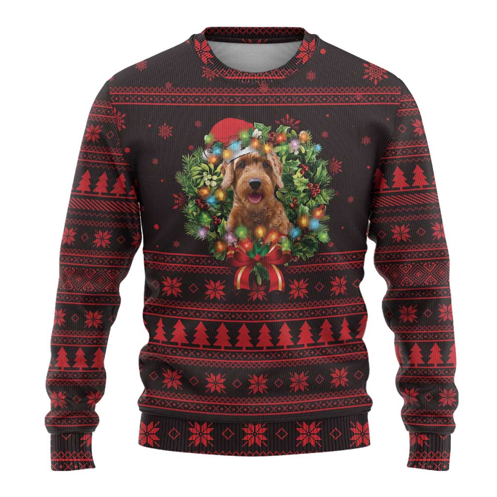 Wreath and Santa Dog in Red Ugly Christmas Sweater with Black Holiday Pattern Design - Wonder Print Shop