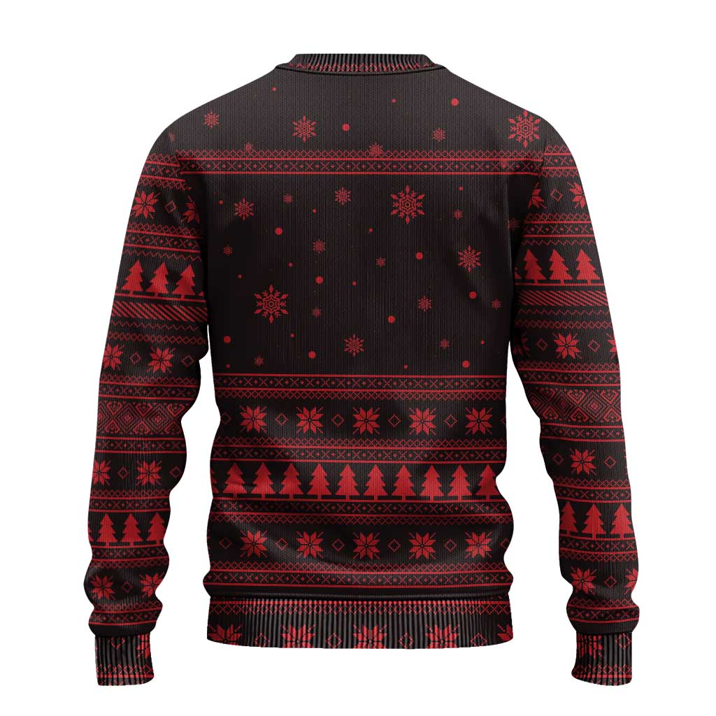 Wreath and Santa Dog in Red Ugly Christmas Sweater with Black Holiday Pattern Design - Wonder Print Shop