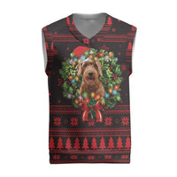Wreath and Santa Dog in Red Christmas Knitted V-Neck Vest with Black Holiday Pattern Design - Wonder Print Shop