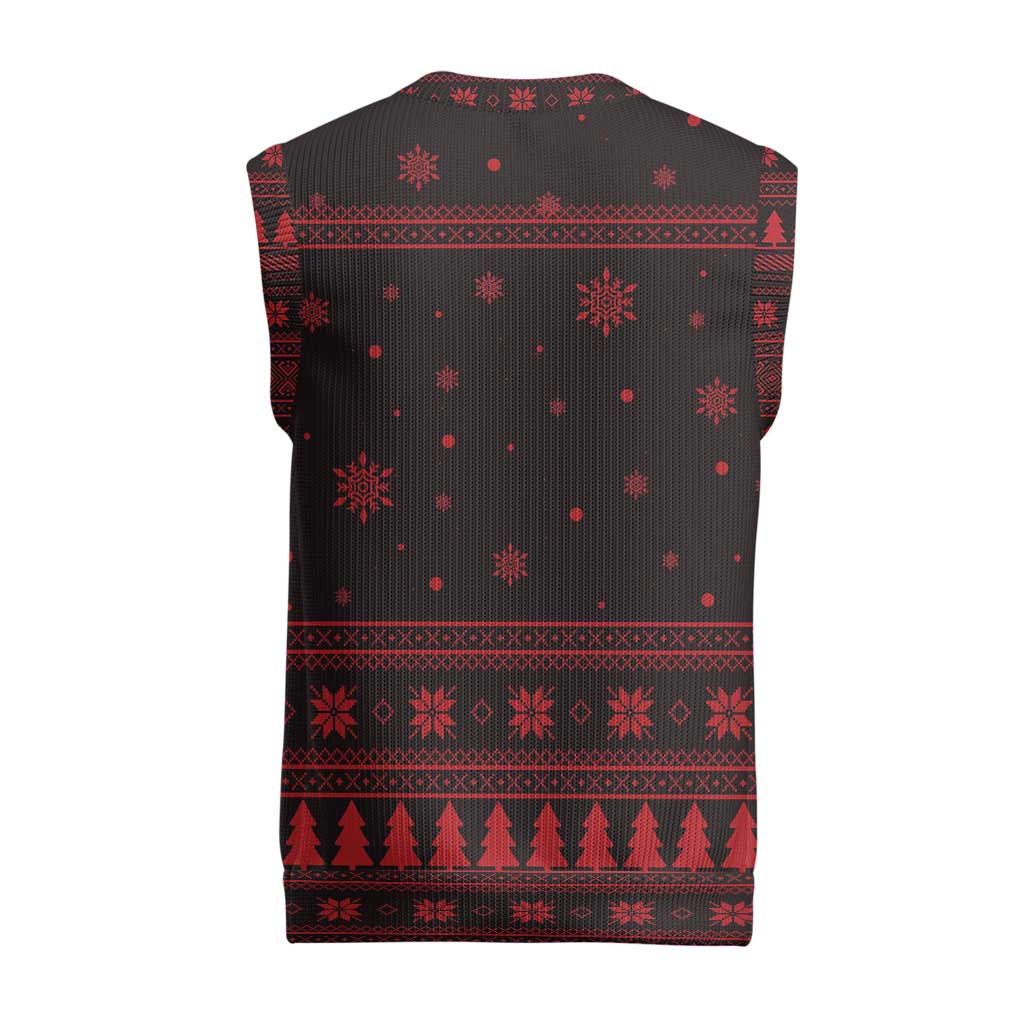 Wreath and Santa Dog in Red Christmas Knitted V-Neck Vest with Black Holiday Pattern Design - Wonder Print Shop