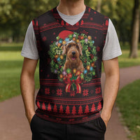 Wreath and Santa Dog in Red Christmas Knitted V-Neck Vest with Black Holiday Pattern Design - Wonder Print Shop