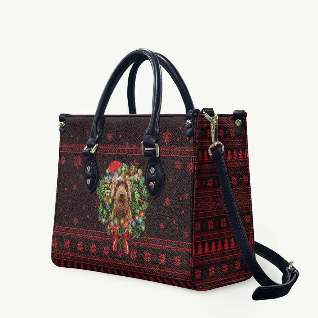 Wreath and Santa Dog in Red Leather Bag with Black Holiday Pattern Design - Wonder Print Shop