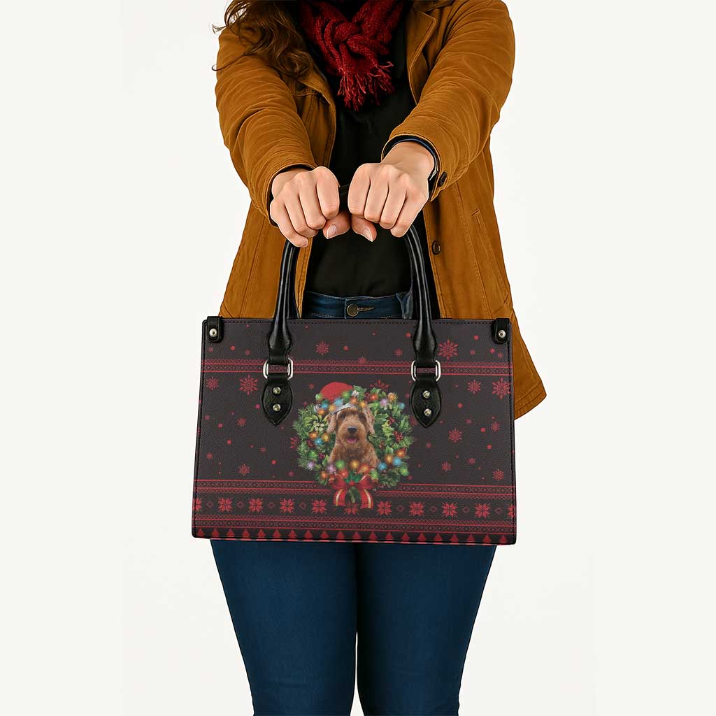 Wreath and Santa Dog in Red Leather Bag with Black Holiday Pattern Design - Wonder Print Shop