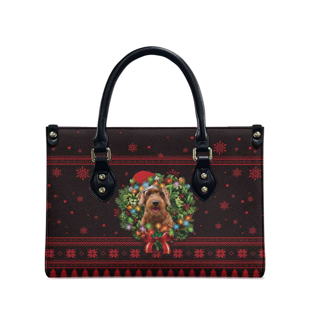 Wreath and Santa Dog in Red Leather Bag with Black Holiday Pattern Design - Wonder Print Shop