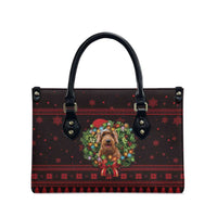 Wreath and Santa Dog in Red Leather Bag with Black Holiday Pattern Design - Wonder Print Shop