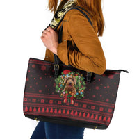 Wreath and Santa Dog in Red Leather Tote Bag with Black Holiday Pattern Design - Wonder Print Shop