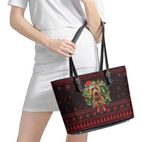 Wreath and Santa Dog in Red Leather Tote Bag with Black Holiday Pattern Design - Wonder Print Shop
