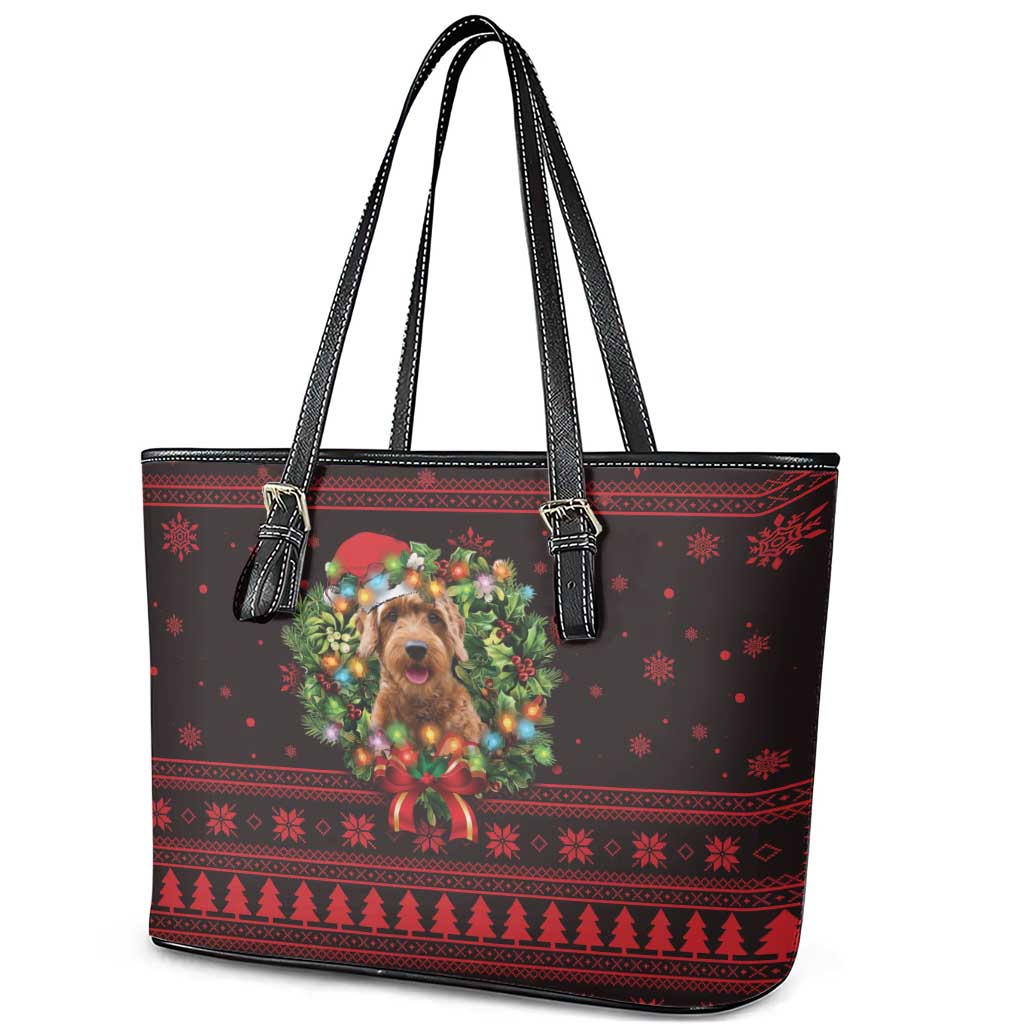Wreath and Santa Dog in Red Leather Tote Bag with Black Holiday Pattern Design - Wonder Print Shop