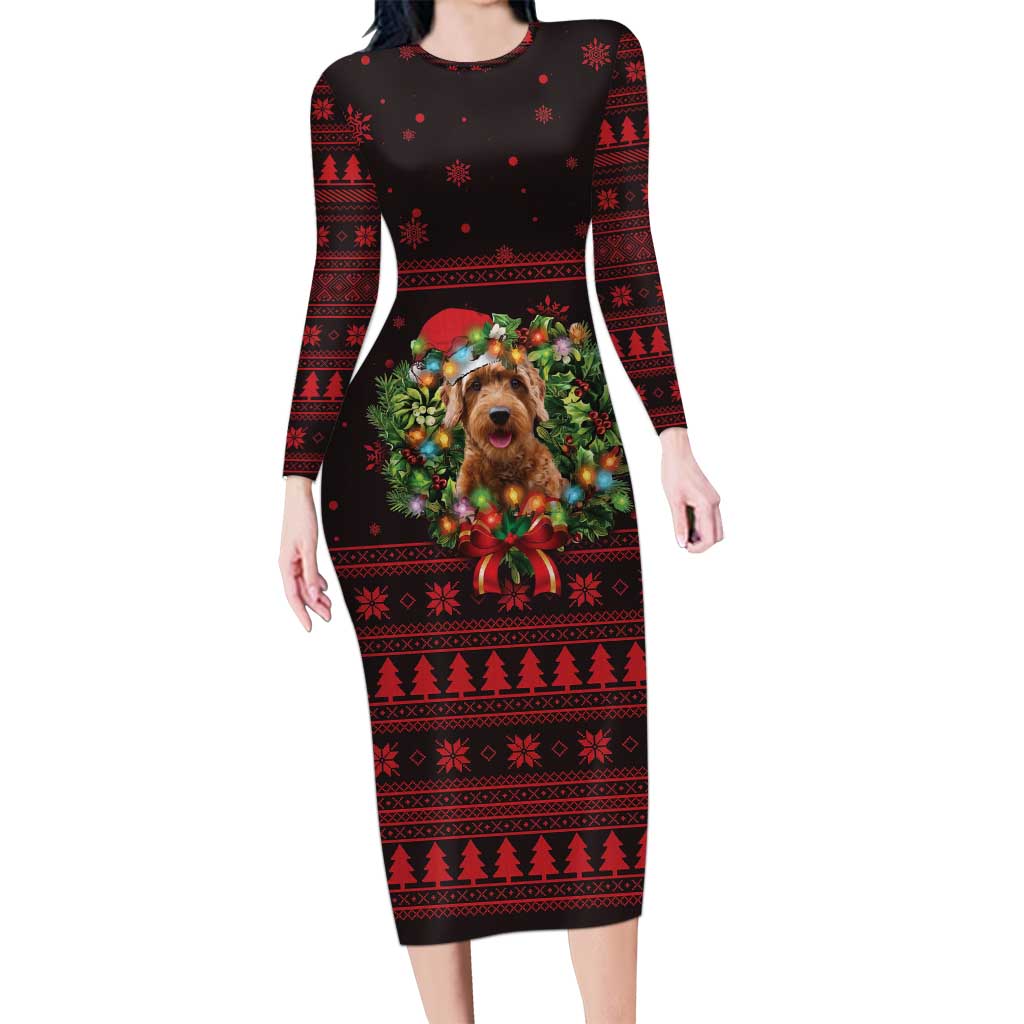 Wreath and Santa Dog in Red Long Sleeve Bodycon Dress with Black Holiday Pattern Design - Wonder Print Shop