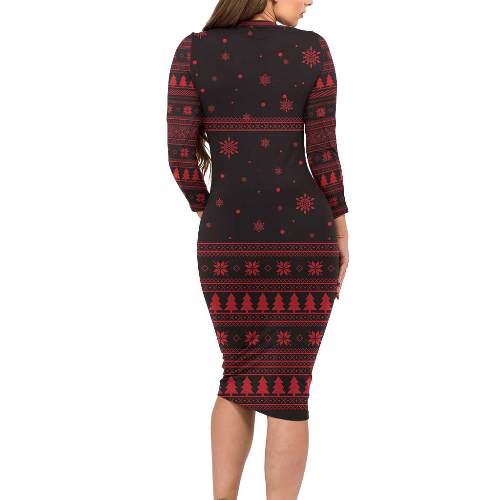 Wreath and Santa Dog in Red Long Sleeve Bodycon Dress with Black Holiday Pattern Design - Wonder Print Shop