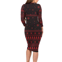 Wreath and Santa Dog in Red Long Sleeve Bodycon Dress with Black Holiday Pattern Design - Wonder Print Shop