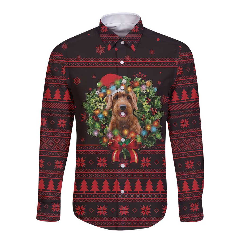 Wreath and Santa Dog in Red Long Sleeve Button Shirt with Black Holiday Pattern Design - Wonder Print Shop
