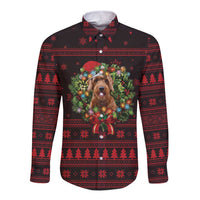 Wreath and Santa Dog in Red Long Sleeve Button Shirt with Black Holiday Pattern Design - Wonder Print Shop