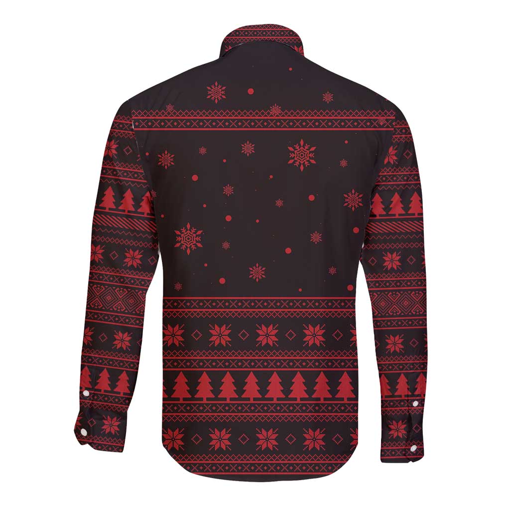 Wreath and Santa Dog in Red Long Sleeve Button Shirt with Black Holiday Pattern Design - Wonder Print Shop