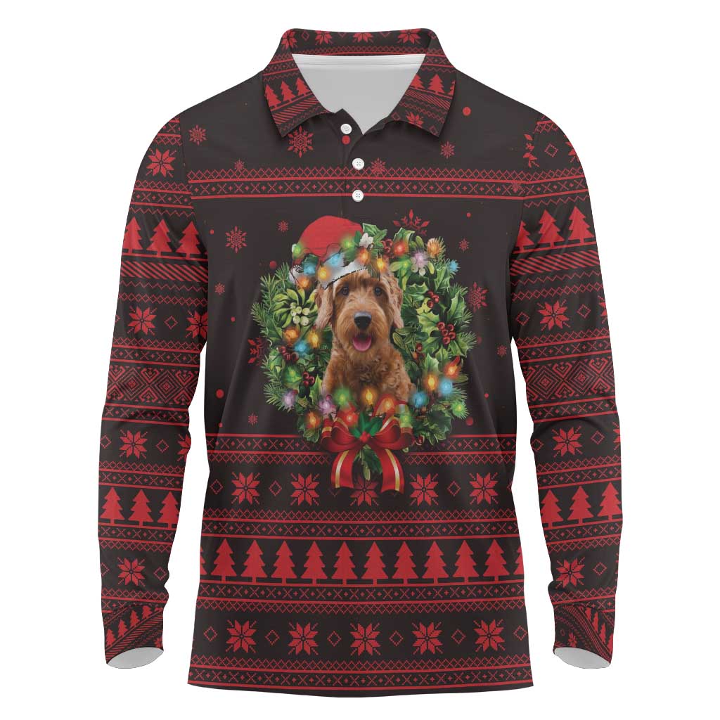Wreath and Santa Dog in Red Long Sleeve Polo Shirt with Black Holiday Pattern Design - Wonder Print Shop