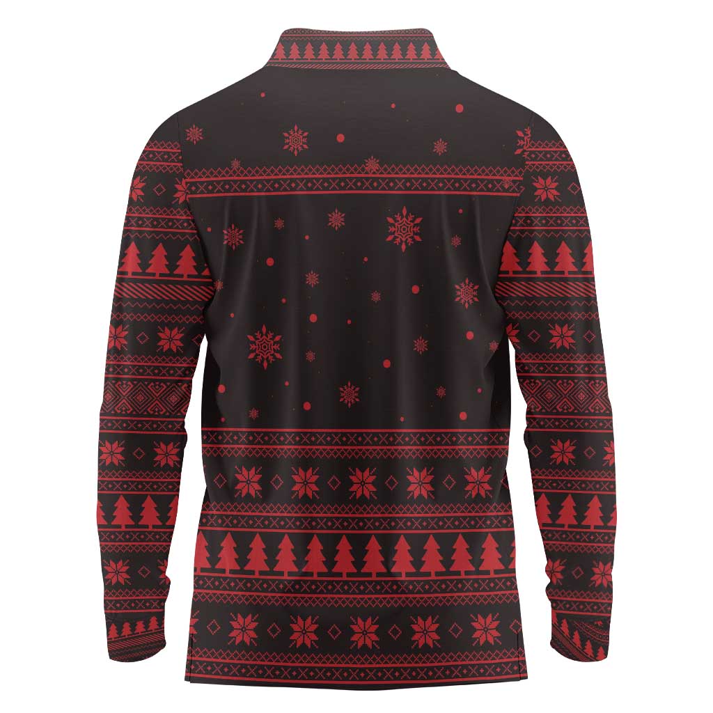 Wreath and Santa Dog in Red Long Sleeve Polo Shirt with Black Holiday Pattern Design - Wonder Print Shop