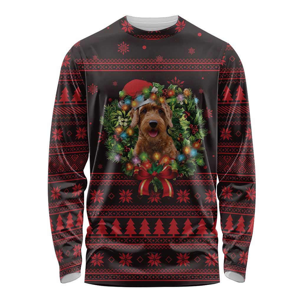 Wreath and Santa Dog in Red Long Sleeve Shirt with Black Holiday Pattern Design - Wonder Print Shop