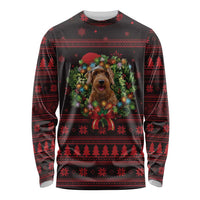 Wreath and Santa Dog in Red Long Sleeve Shirt with Black Holiday Pattern Design - Wonder Print Shop