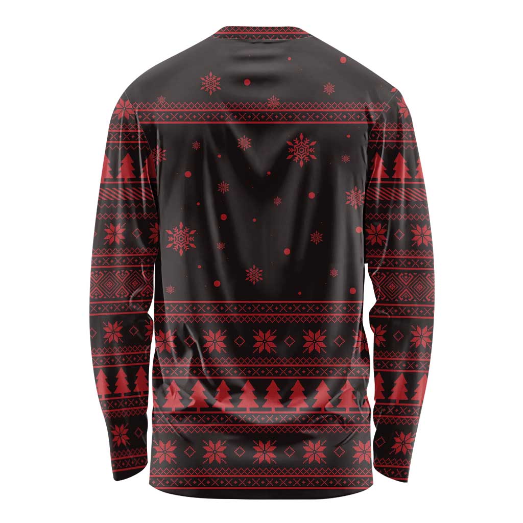 Wreath and Santa Dog in Red Long Sleeve Shirt with Black Holiday Pattern Design - Wonder Print Shop
