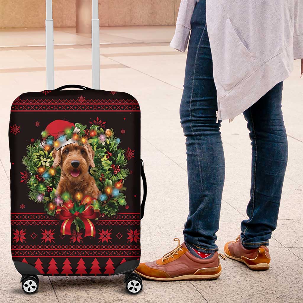 Wreath and Santa Dog in Red Luggage Cover with Black Holiday Pattern Design - Wonder Print Shop
