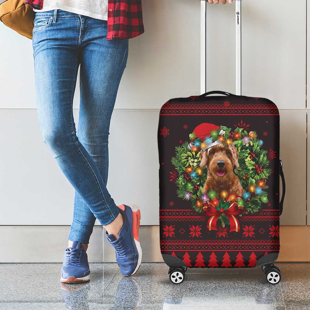 Wreath and Santa Dog in Red Luggage Cover with Black Holiday Pattern Design - Wonder Print Shop