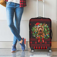 Wreath and Santa Dog in Red Luggage Cover with Black Holiday Pattern Design - Wonder Print Shop