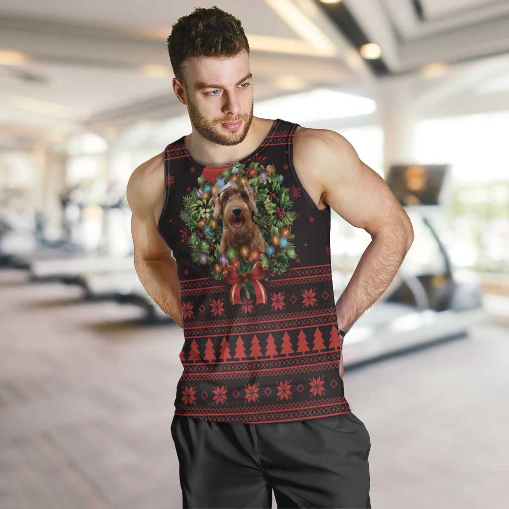 Wreath and Santa Dog in Red Men Tank Top with Black Holiday Pattern Design - Wonder Print Shop