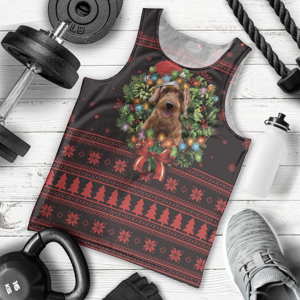 Wreath and Santa Dog in Red Men Tank Top with Black Holiday Pattern Design - Wonder Print Shop