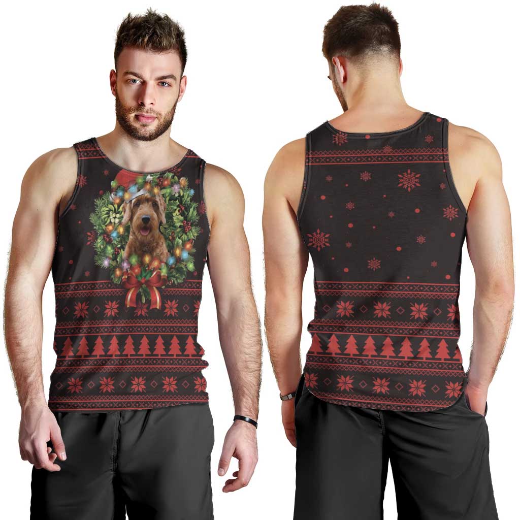 Wreath and Santa Dog in Red Men Tank Top with Black Holiday Pattern Design - Wonder Print Shop