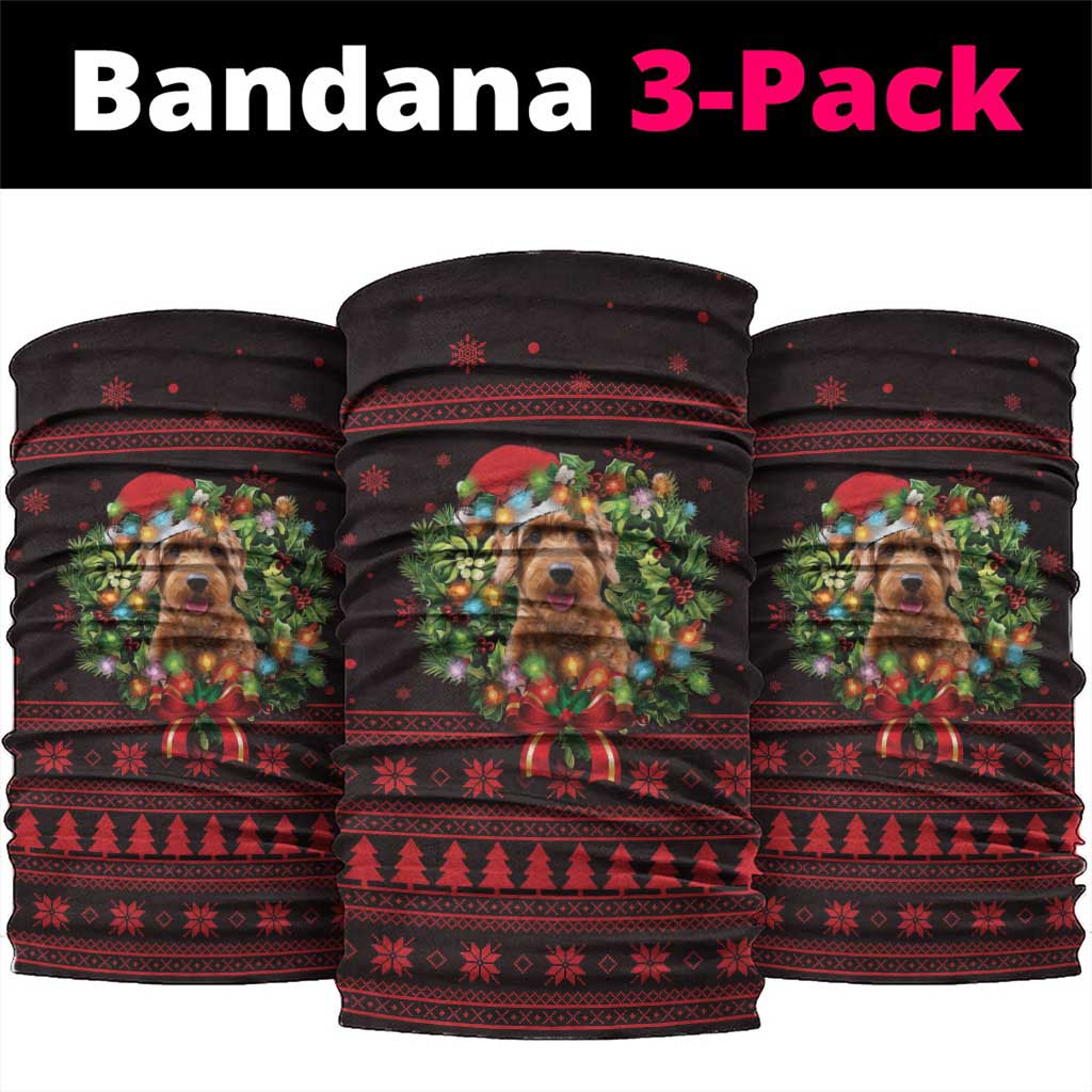 Wreath and Santa Dog in Red Neck Gaiter with Black Holiday Pattern Design - Wonder Print Shop
