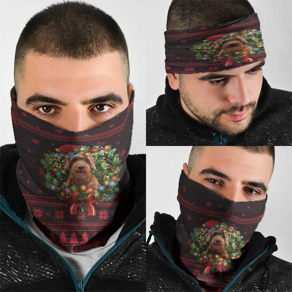 Wreath and Santa Dog in Red Neck Gaiter with Black Holiday Pattern Design - Wonder Print Shop