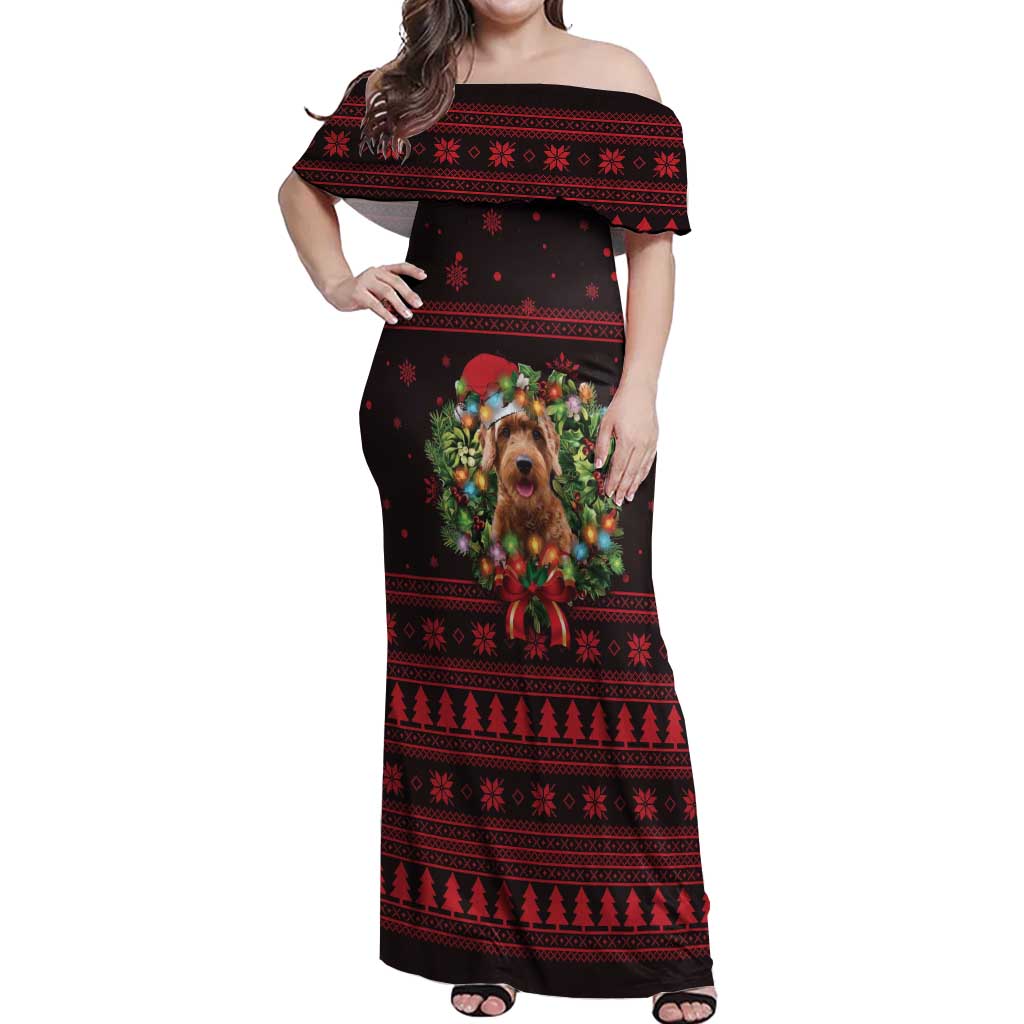 Wreath and Santa Dog in Red Off Shoulder Maxi Dress with Black Holiday Pattern Design - Wonder Print Shop