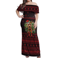 Wreath and Santa Dog in Red Off Shoulder Maxi Dress with Black Holiday Pattern Design - Wonder Print Shop