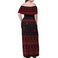 Wreath and Santa Dog in Red Off Shoulder Maxi Dress with Black Holiday Pattern Design - Wonder Print Shop