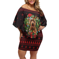 Wreath and Santa Dog in Red Off Shoulder Short Dress with Black Holiday Pattern Design - Wonder Print Shop