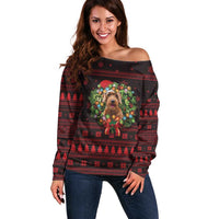Wreath and Santa Dog in Red Off Shoulder Sweater with Black Holiday Pattern Design - Wonder Print Shop