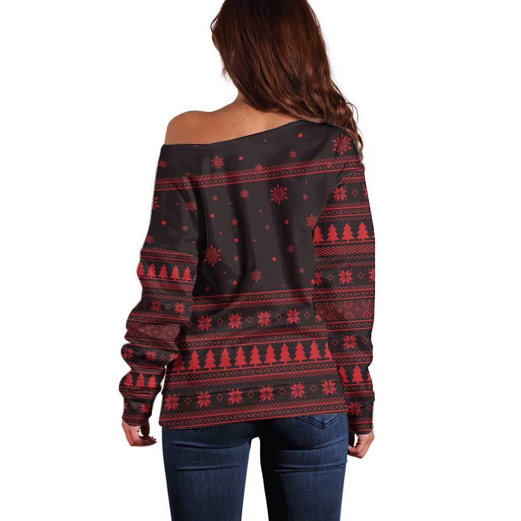 Wreath and Santa Dog in Red Off Shoulder Sweater with Black Holiday Pattern Design - Wonder Print Shop