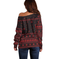 Wreath and Santa Dog in Red Off Shoulder Sweater with Black Holiday Pattern Design - Wonder Print Shop