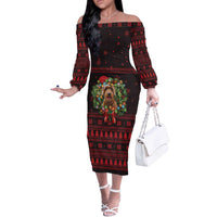 Wreath and Santa Dog in Red Off The Shoulder Long Sleeve Dress with Black Holiday Pattern Design - Wonder Print Shop