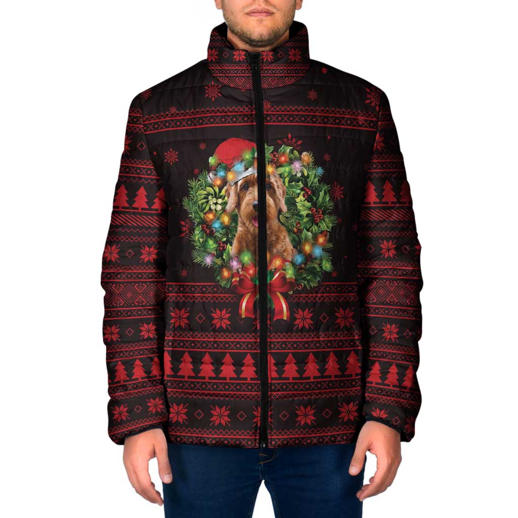 Wreath and Santa Dog in Red Padded Jacket with Black Holiday Pattern Design - Wonder Print Shop