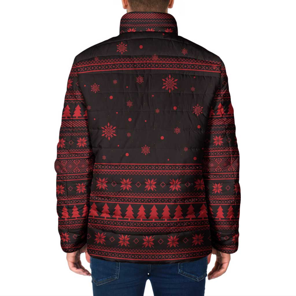Wreath and Santa Dog in Red Padded Jacket with Black Holiday Pattern Design - Wonder Print Shop