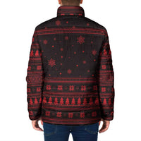 Wreath and Santa Dog in Red Padded Jacket with Black Holiday Pattern Design - Wonder Print Shop