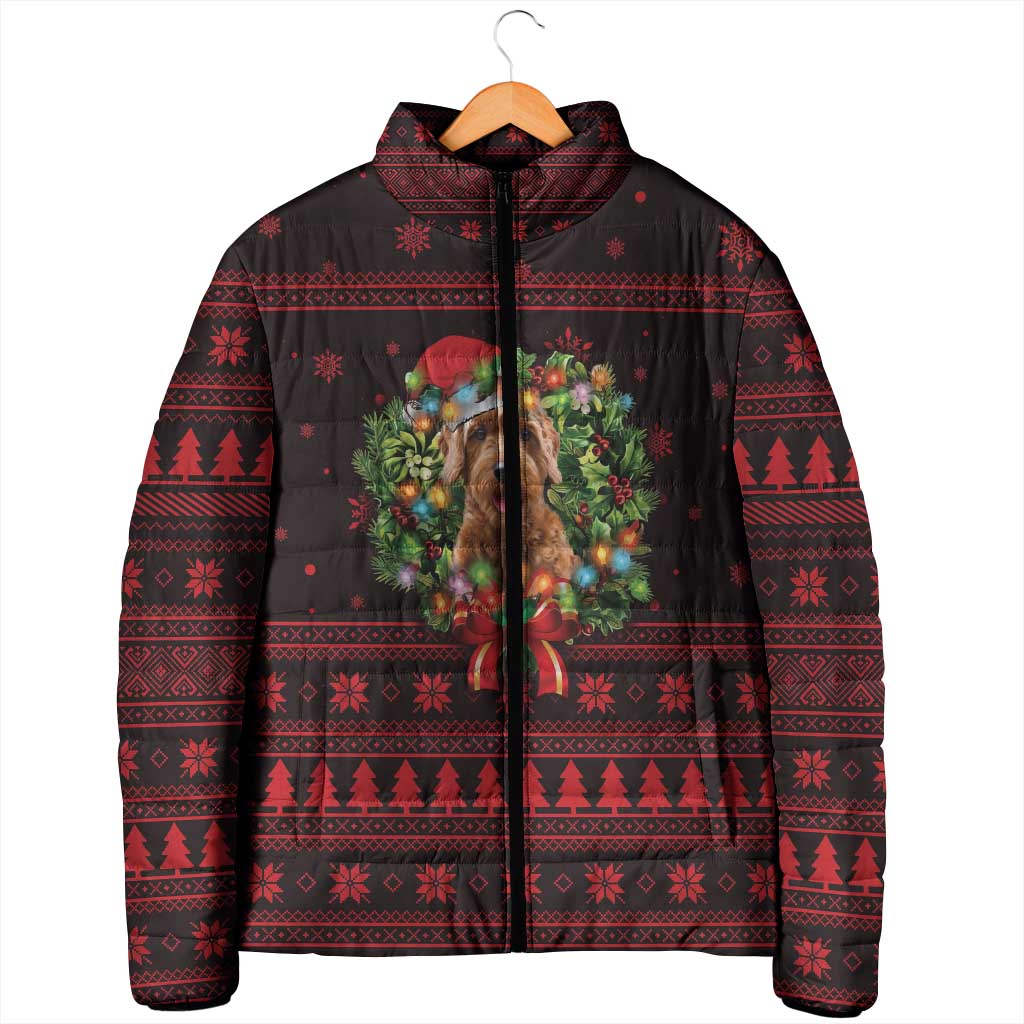 Wreath and Santa Dog in Red Padded Jacket with Black Holiday Pattern Design - Wonder Print Shop